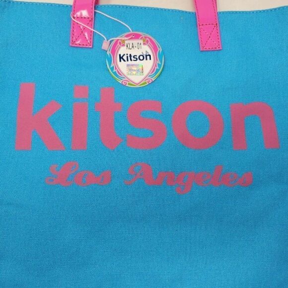 KITSON LA LOS ANGELES BLUE PATENT CANVAS TOTE BAG - Picture 2 of 5